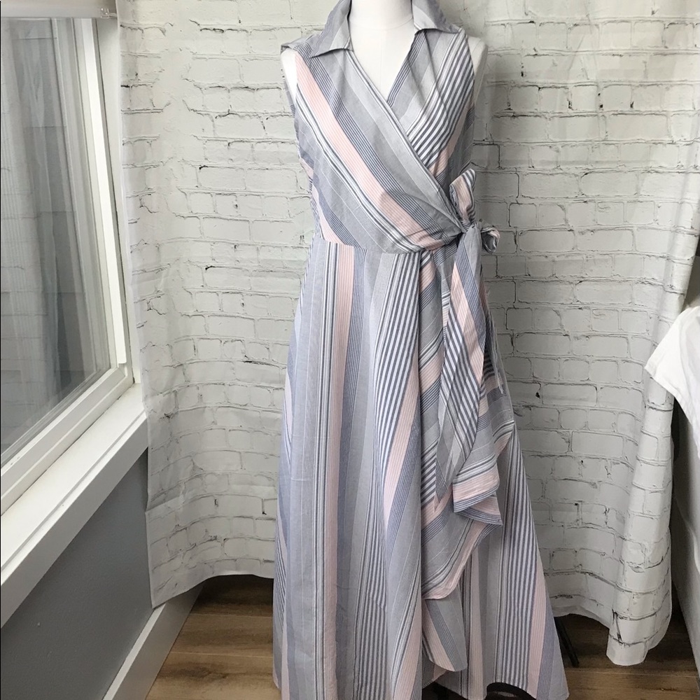Calvin Klein Sleeveless Striped Wrap Maxi Dress in White and Light Blue - Picture 3 of 13